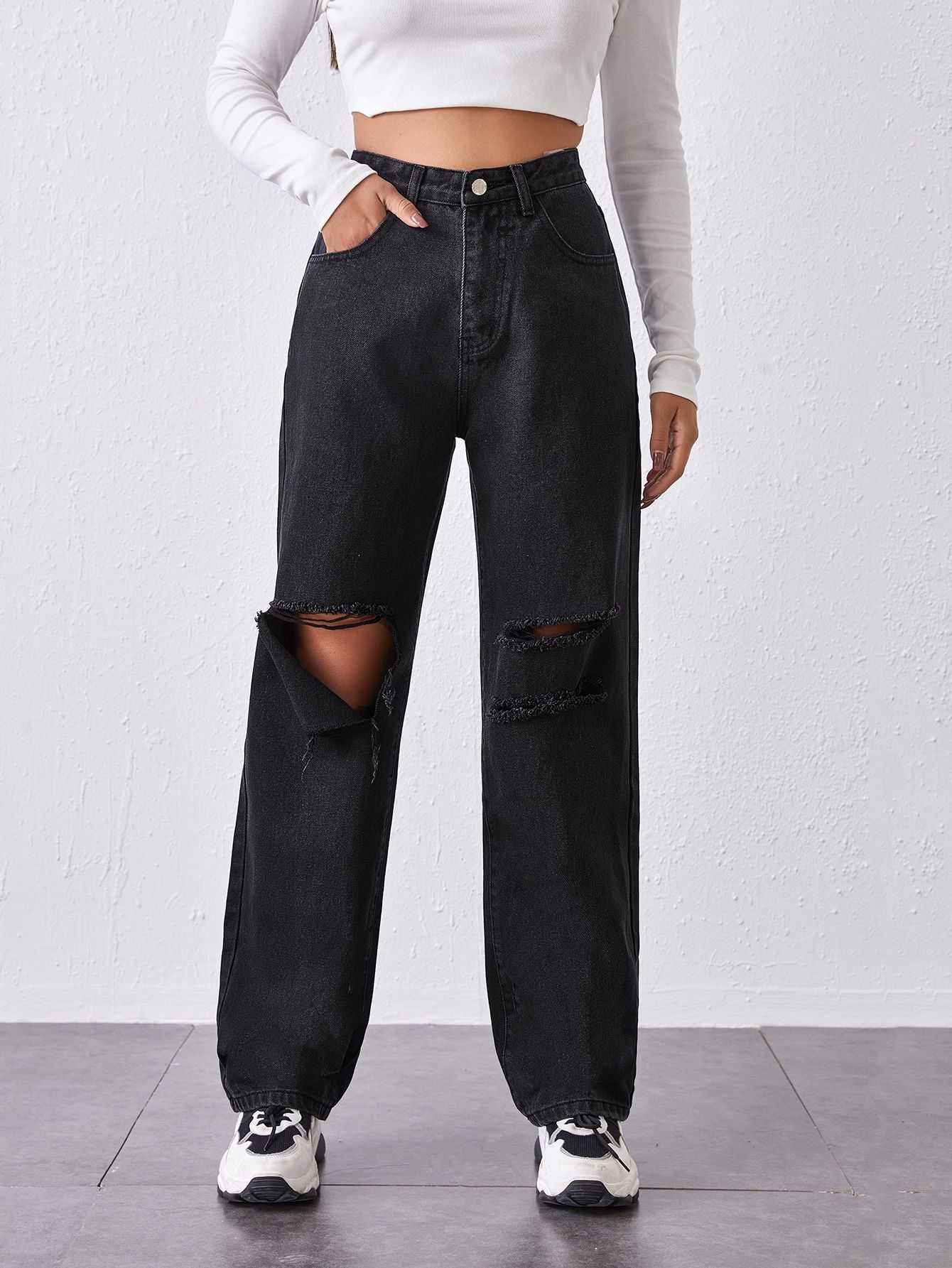 High-Waisted Ripped Baggy Jeans | SHEIN