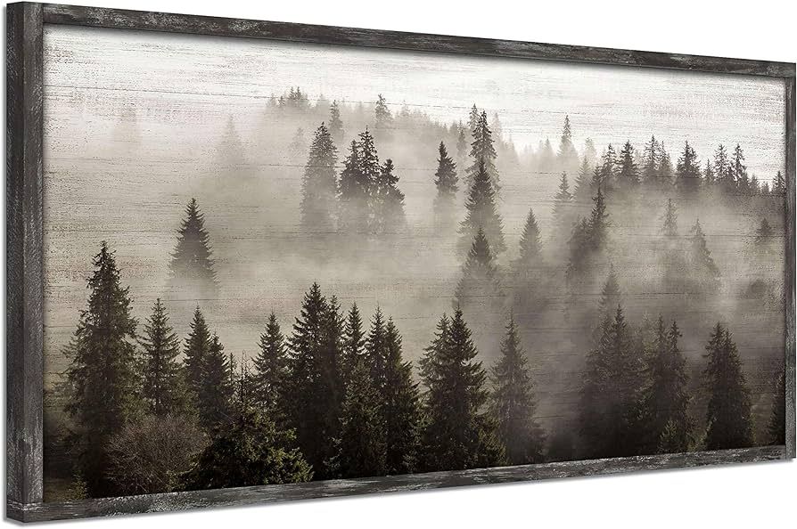 Foggy Forest Wooden Wall Art: Landscape Mountain Artwork Prints with Wooden Framed for Living Roo... | Amazon (US)