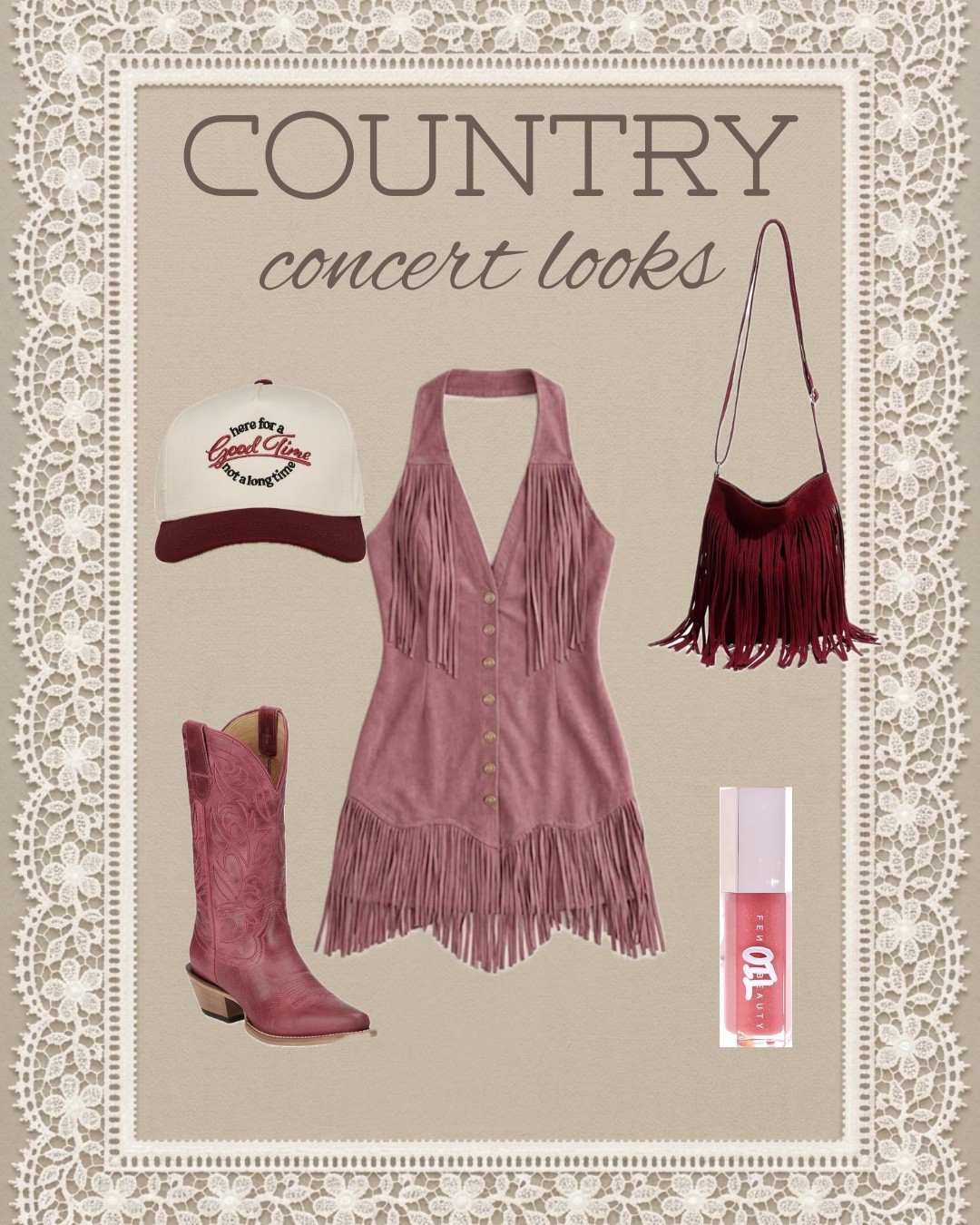 Dust off your boots, we’re going to a show. 🎸💗🍷

#CountryConcertStyle #WesternFashion #CowgirlChic #FringeBenefits #OutfitInspo