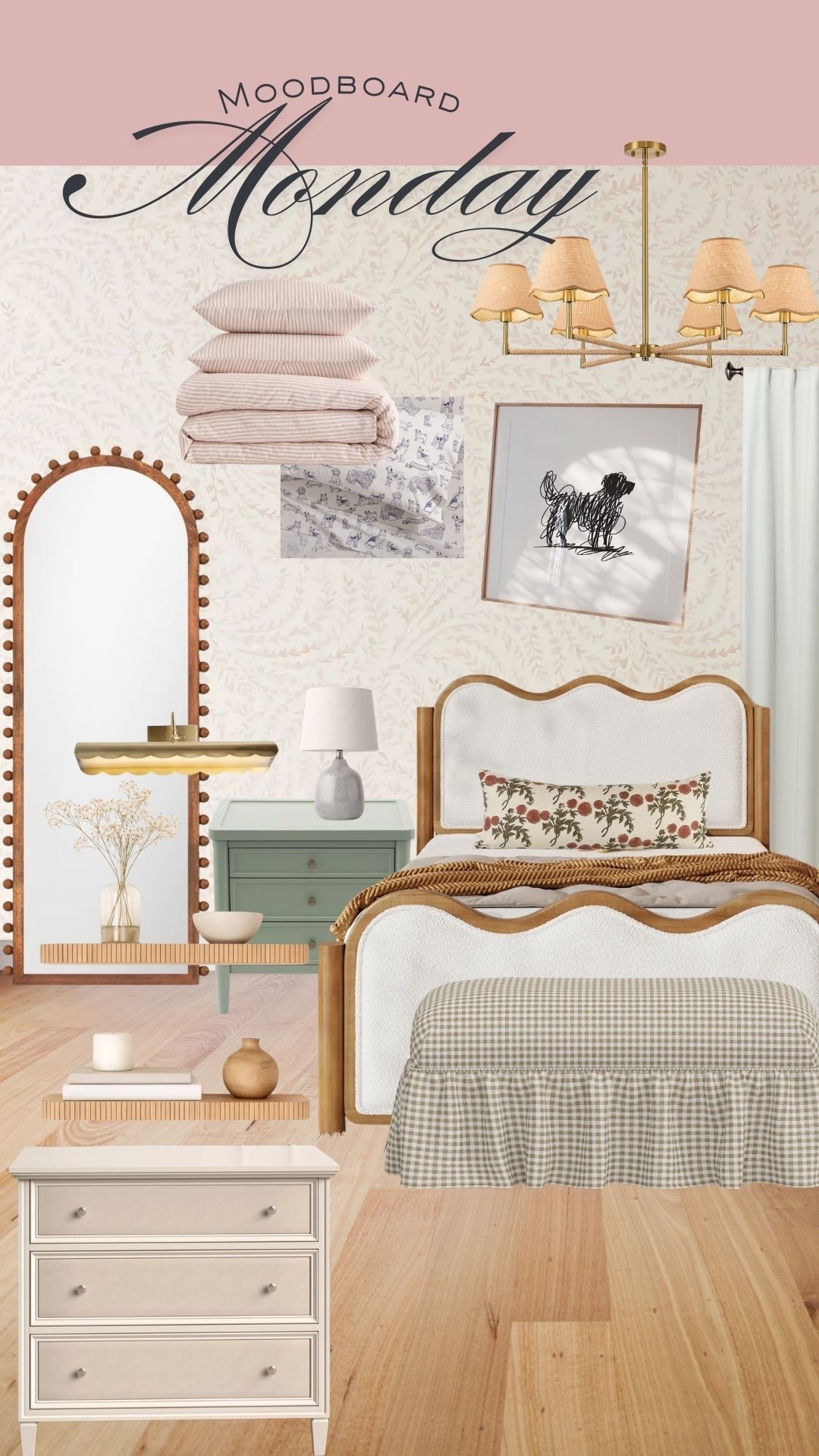 Giveaway winner! Loves: light pink and dogs. Needs: space to display all of her collections. This girls room design checks all of those boxes, and allows her space to grow into her teens!