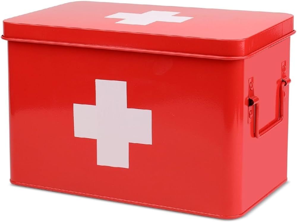 Flexzion First Aid Medicine Box Supplies Kit Organizer - Empty 13" Red Metal Tin Medic Storage Bi... | Amazon (US)