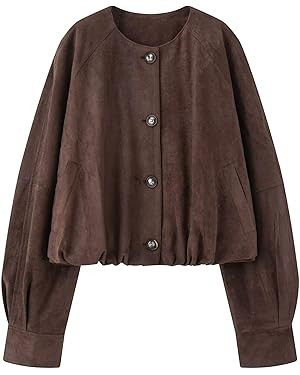 Xunger Women's Faux Suede Button Jacket Oversized Gathered Hem Short Length Coat Casual Vintage O... | Amazon (US)