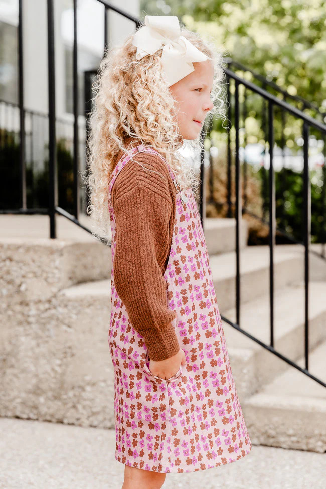 Keep On Wishing Kid's Pink Corded Multi Daisy Printed Overall Dress | Pink Lily