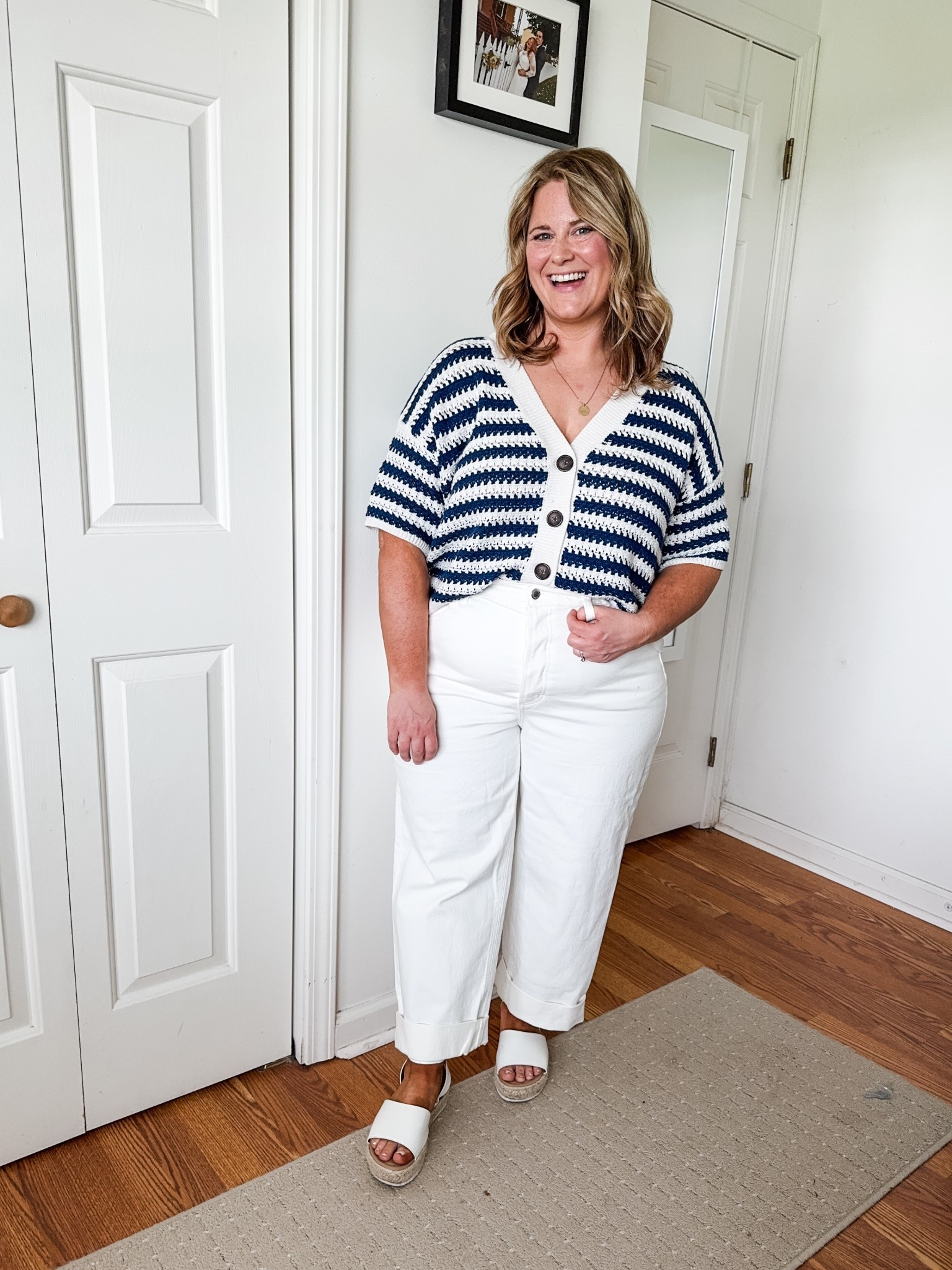 This blue & white sweater tee is so cute! Perfect 4th of July outfit.  Wearing a large in the top and a 16 petite in the pants (I sized up one)

#LTKPetite #LTKMidsize #LTKSeasonal