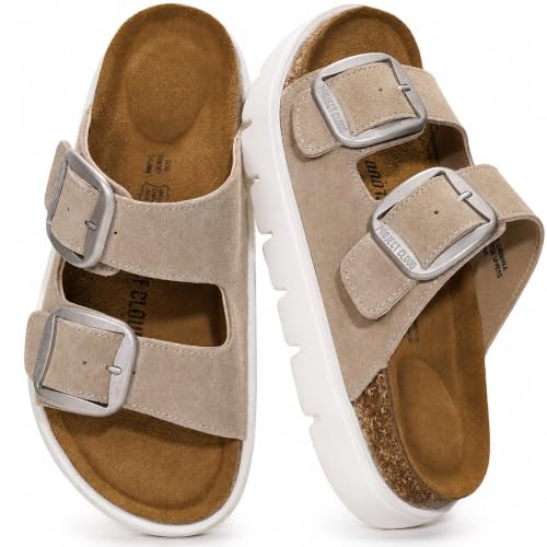Project Cloud 100% Genuine Leather Sandals Women (Greecechunky,BeigSue,11) | Amazon (US)