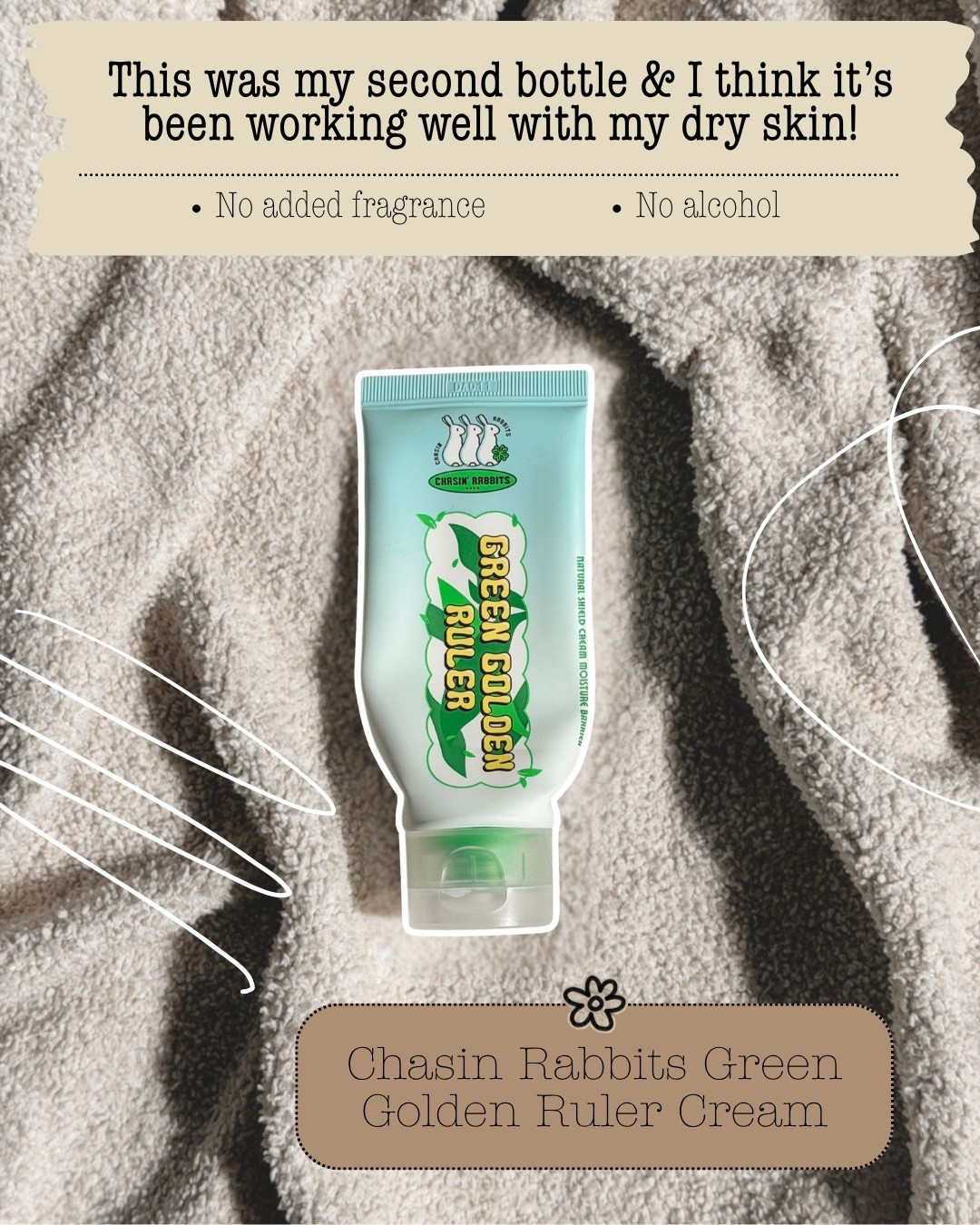 Chasin rabbits - This was my second bottle & I think it’s been working well with my dry skin!
 So far this is my favorite product. I tried their wrinkle eye cream and my eyes were not a fan
