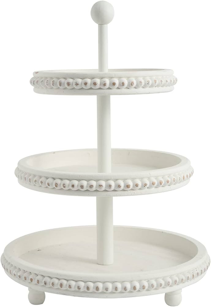 Farmhouse 3 Tier Tray, White Three Tiered Tray Wood Stand with Shabby Chic Beaded for Home & Kitc... | Amazon (US)