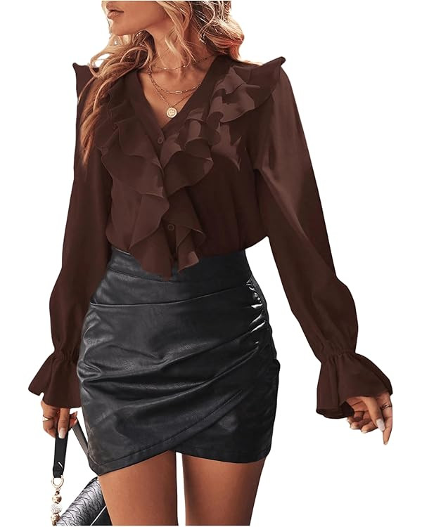 SweatyRocks Women's Ruffle Blouse Button Up V Neck Flounce Long Sleeve Shirts Tops | Amazon (US)