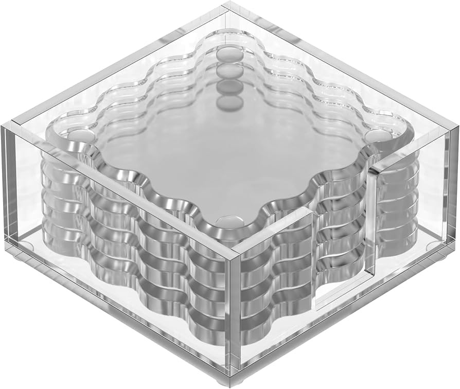 Square Scalloped Acrylic Drink Coaster Set 4‑Pack with Square Holder (Clear) | Amazon (US)