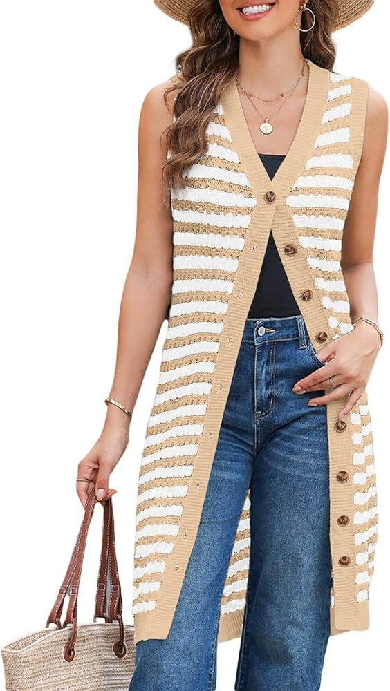 BLENCOT Women's V Neck Striped Fall Sweater Vest Causal Sleeveless Button Cardigan Midi Cover Up ... | Amazon (US)