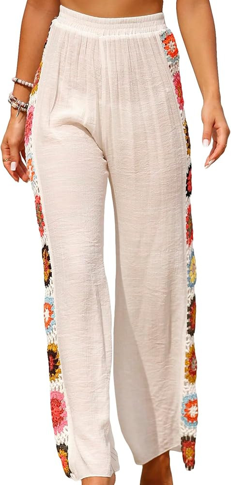 Verdusa Women's Floral Crochet Sheer Pants Beach Swimsuit Bikini Bottom Cover Up | Amazon (US)