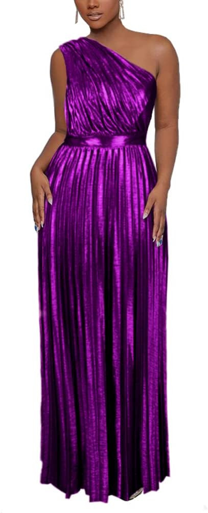 AOMEI Women's Luxury Metallic One Shoulder Sleeveless Elegant Pleated Long Dress | Amazon (US)