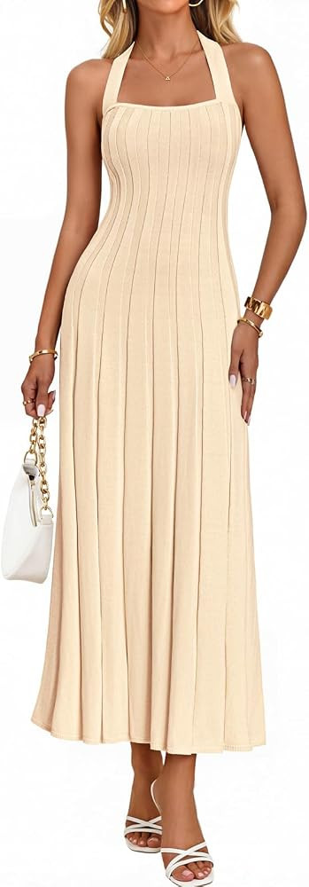 MEROKEETY Women Summer Halter Ribbed Bodycon Midi Sweater Dress 2026 Formal | Amazon (US)