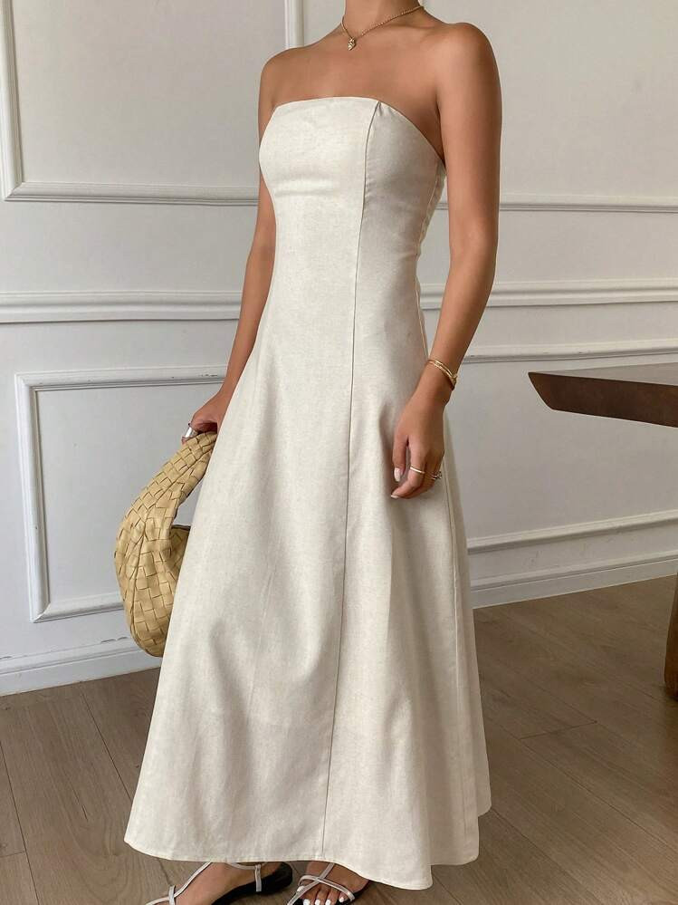 Livesso New Summer Casual Solid Color Midi Dress For Women Sundress | SHEIN