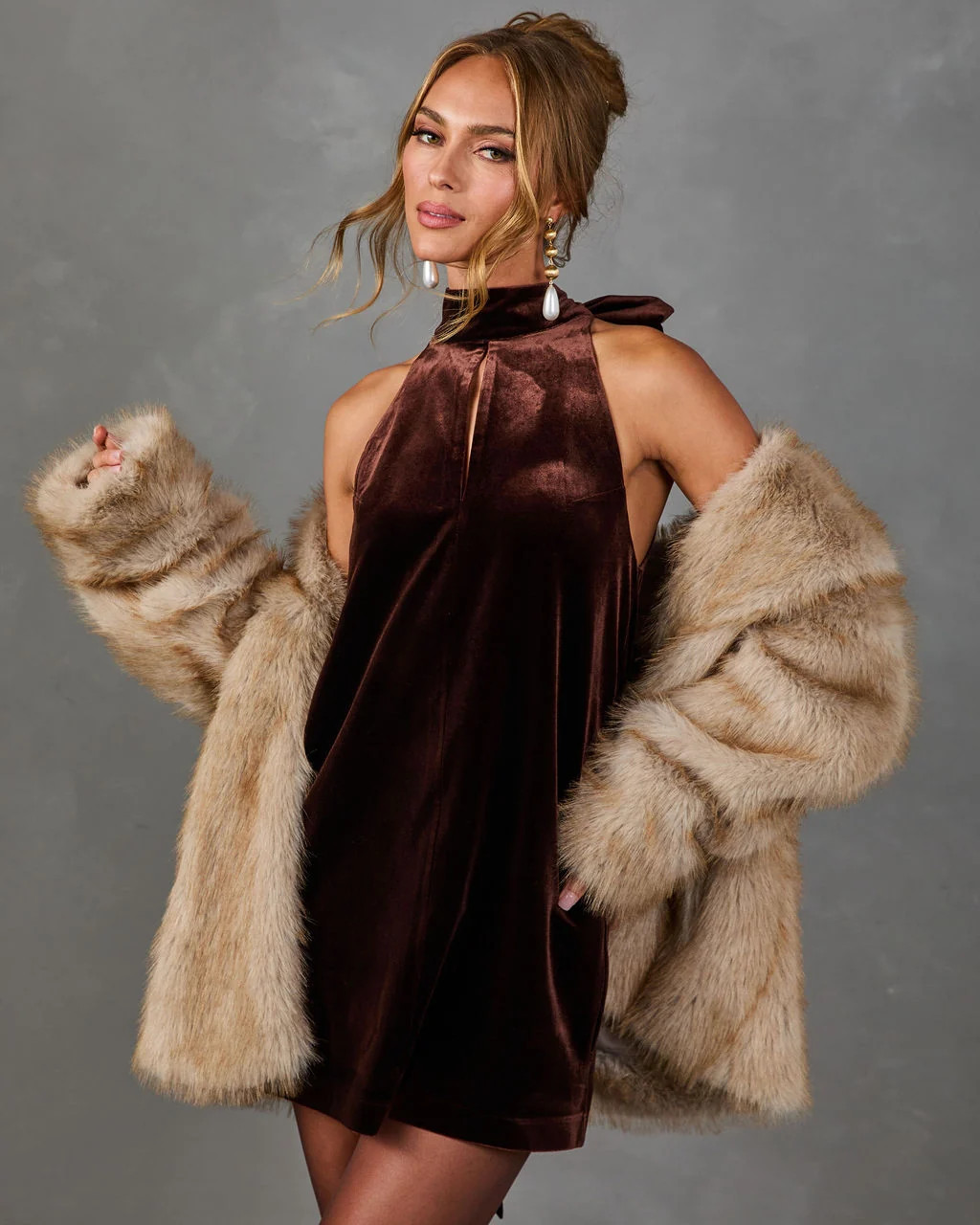 Tessy Velvet Mock Neck Bow Accent Mini Dress Brown / XS | VICI