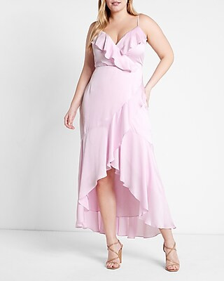 Satin Pin Dot Ruffle Wrap Front Hi-Lo Maxi Dress | Express