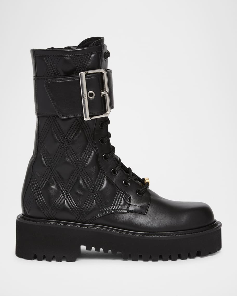 Valentino Garavani Quilted 67 VLogo Leather Combat Boots | Neiman Marcus