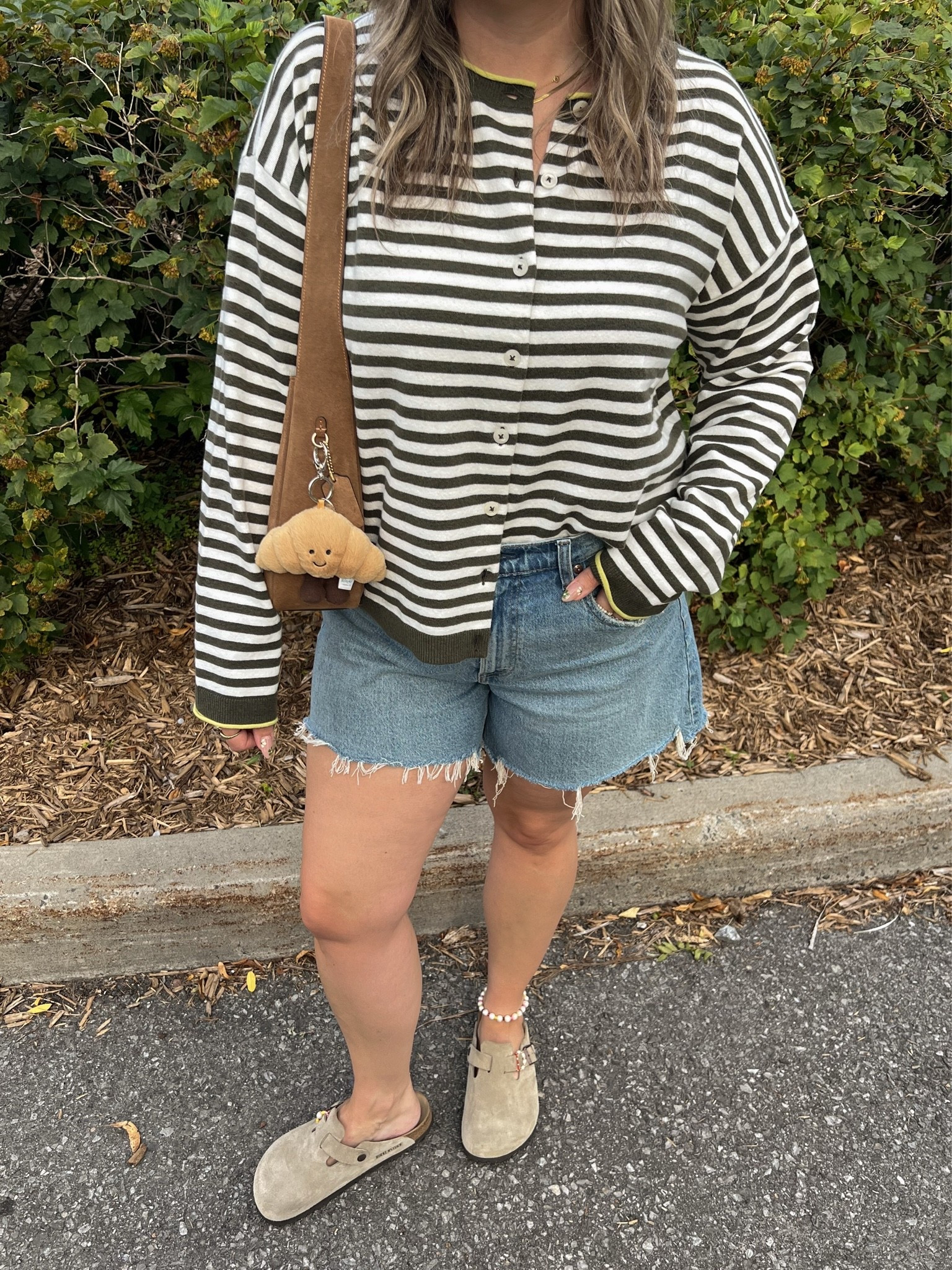 Early fall outfit! Wearing M in the striped cardigan. Sized up to 32 in the denim shorts for a baggy fit. I’m a 9.5-10 shoe and wear a 10 in the Birkenstock clogs

#LTKfall #LTKsale #LTKmidsize
