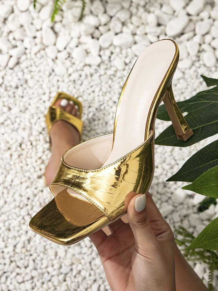 Women Single Band Crocodile Embossed Mule Sandals, Glamorous Outdoor Metallic Heeled Sandals | SHEIN
