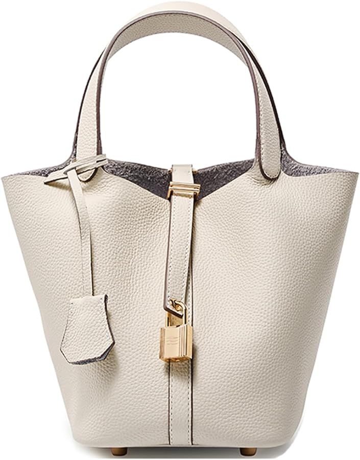 Genuine Leather Small Bucket Bag for Women Stylish Lock Design Satchel Purses Handbags Daily Casu... | Amazon (US)