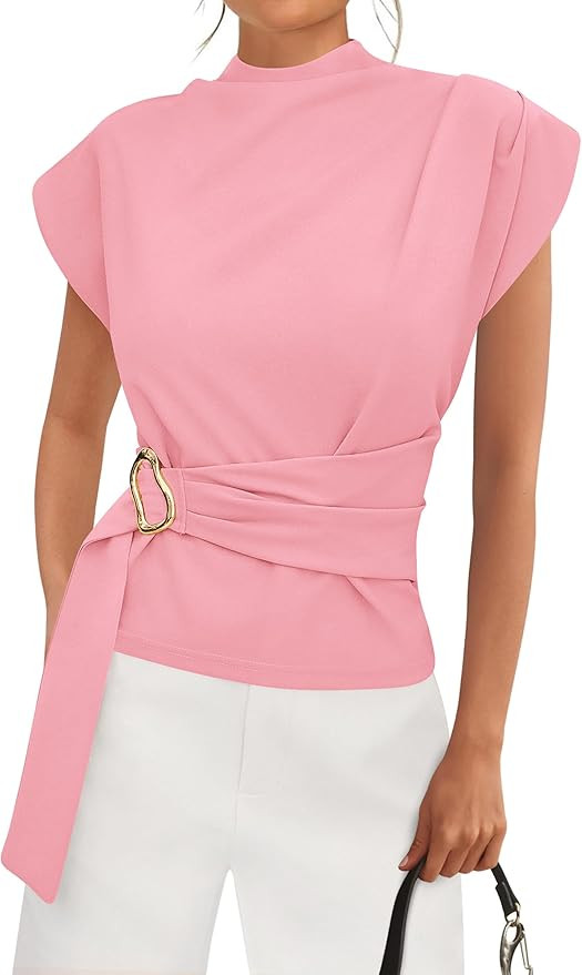 PRETTYGARDEN Women Blouses Spring Dressy Cap Sleeve Mock Neck Work Shirts Buckle Tunic Summer Bus... | Amazon (US)