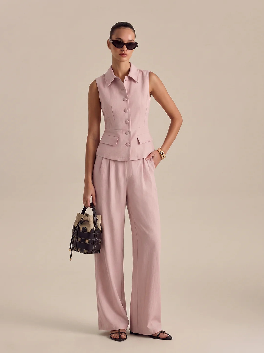 Collared Cotton Linen Vest & Pants Set | Commense