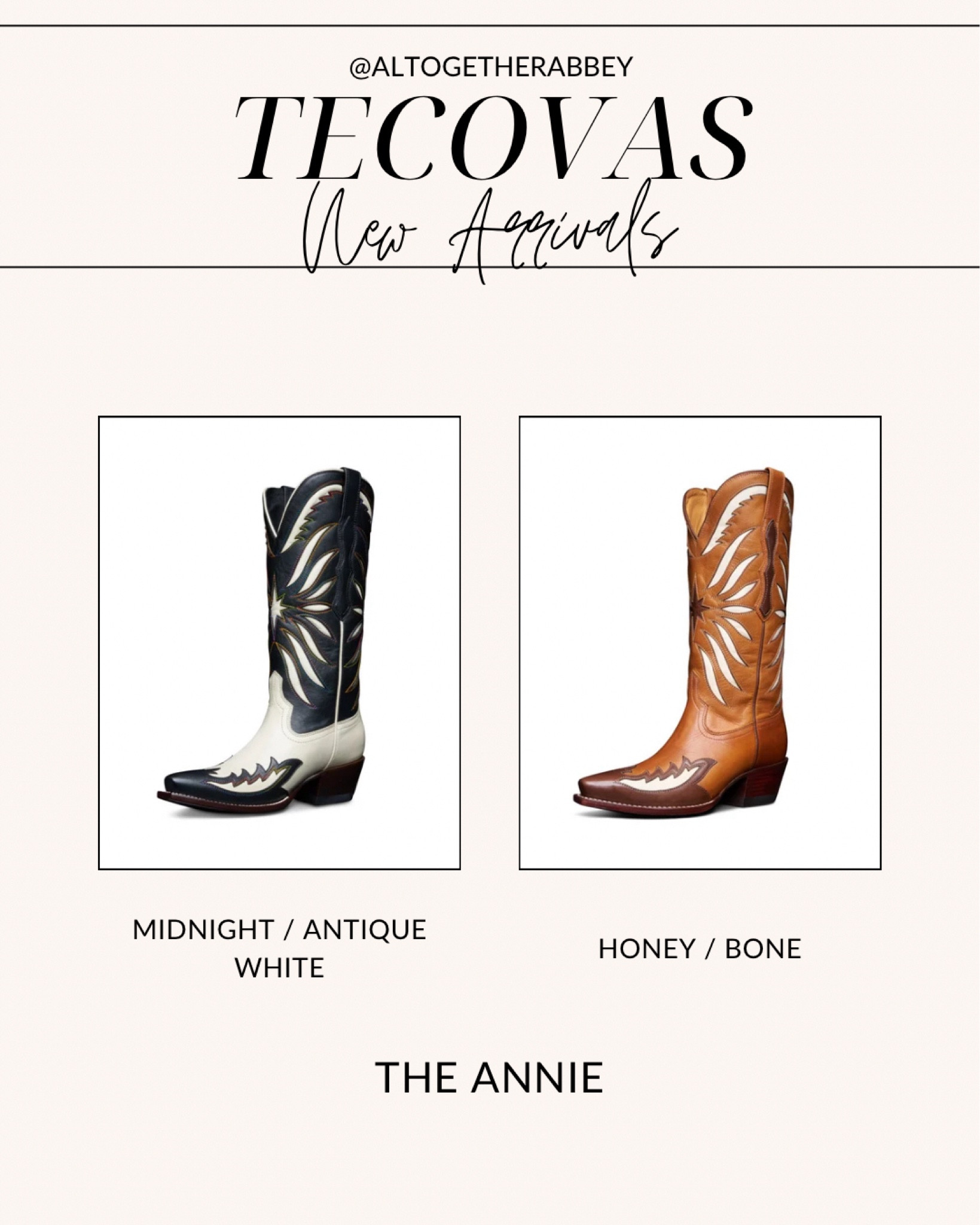 Tecovas New Arrivals: The Annie Cowgirl Boots now in two new limited edition colors - Honey / Bone and Midnight / Antique White 🤎

Western boots, cowgirl boots, Nashville style, country concert, western outfit, rodeo outfit inspo, women’s boots 


#LTKSeasonal #LTKstyletip #LTKshoecrush