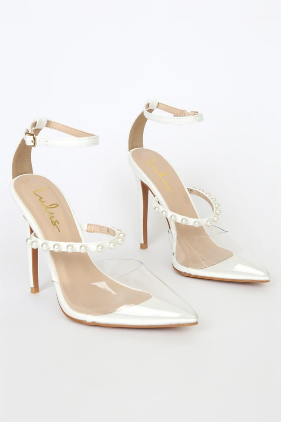 Pearsie White Vinyl Pearl Studded Ankle Strap Pumps | Lulus (US)