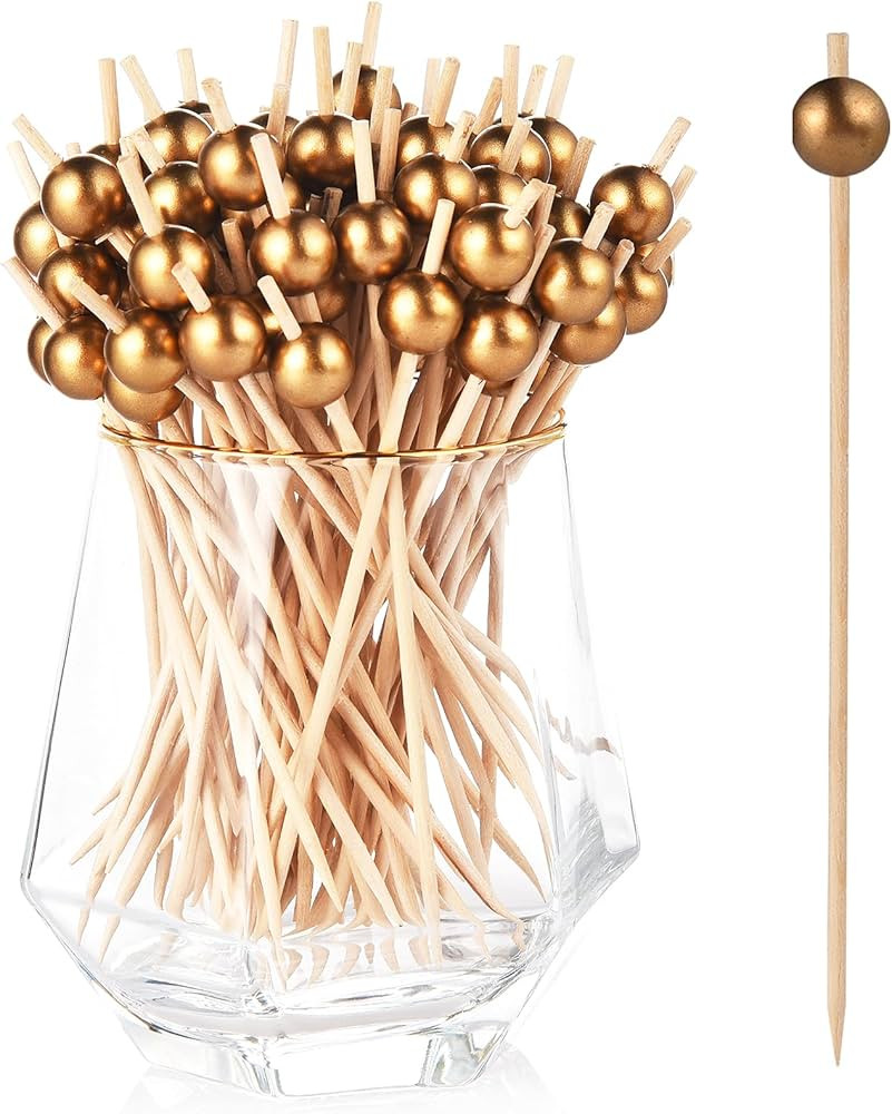 ALINK 100-Pack Cocktail Picks, Gold Pearl Fancy Toothpicks for Appetizers, Wooden Food Picks Skew... | Amazon (US)