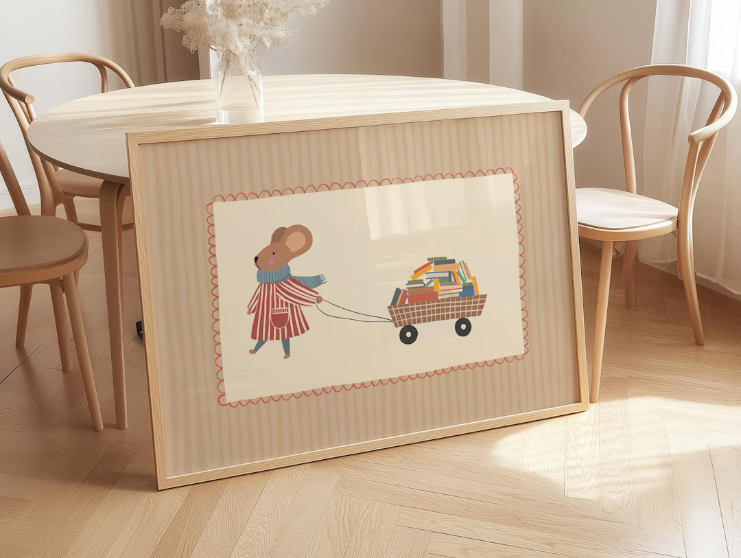 Whimsical Mouse Pulling a Cart of Books Printable Wall Art, Beige Nursery Poster, Book Nook Decor... | Etsy (US)