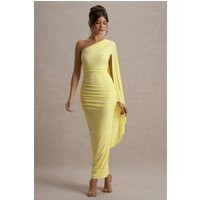 Clementina | Lemon Asymmetric Cape Sleeve Maxi Dress | Club L London