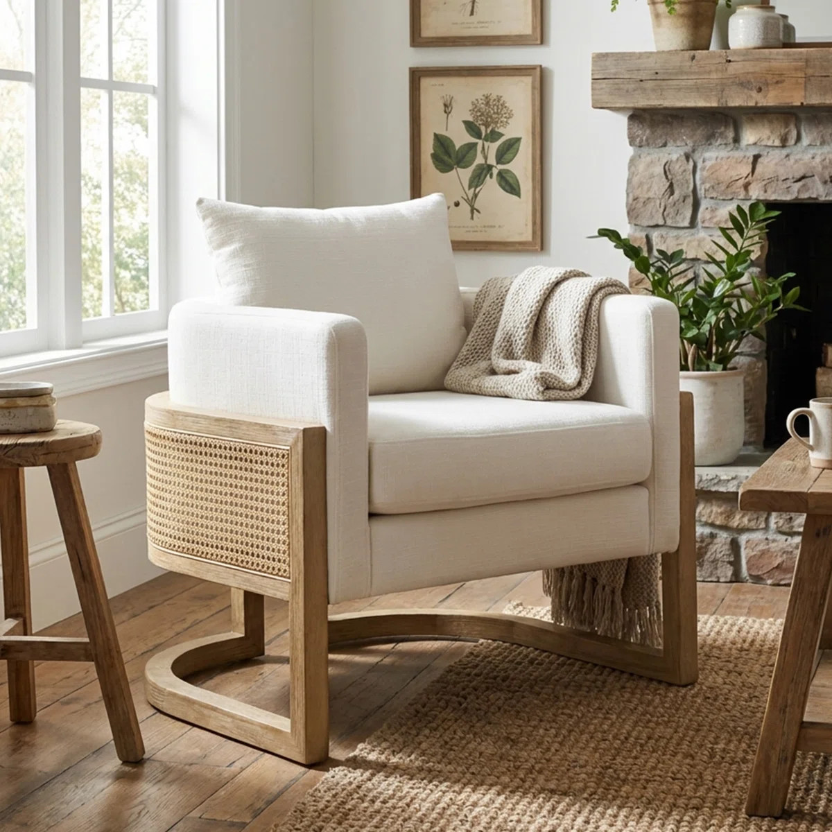 30.9" W Rattan and Wood Wide Armchair Upholstered Barrel Chair | Wayfair North America