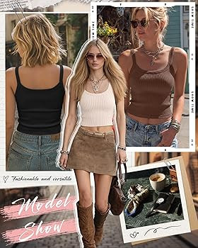 Ficerd 3 Pack Women's Spaghetti Strap Ribbed Tank Tops Scoop Neck Cotton Crop Camisole Slim Fitte... | Amazon (US)