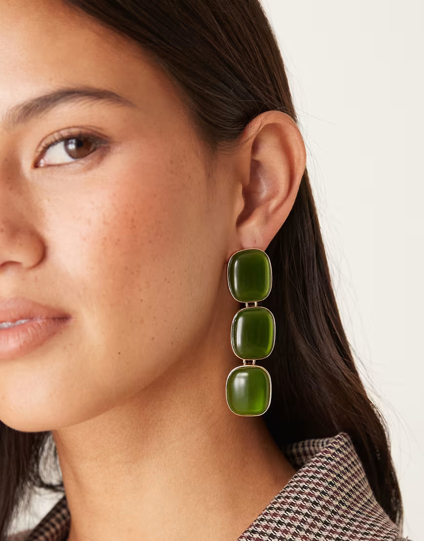 ASOS DESIGN stud earrings with green faux-stone pendant drops in gold tone | ASOS (Global)