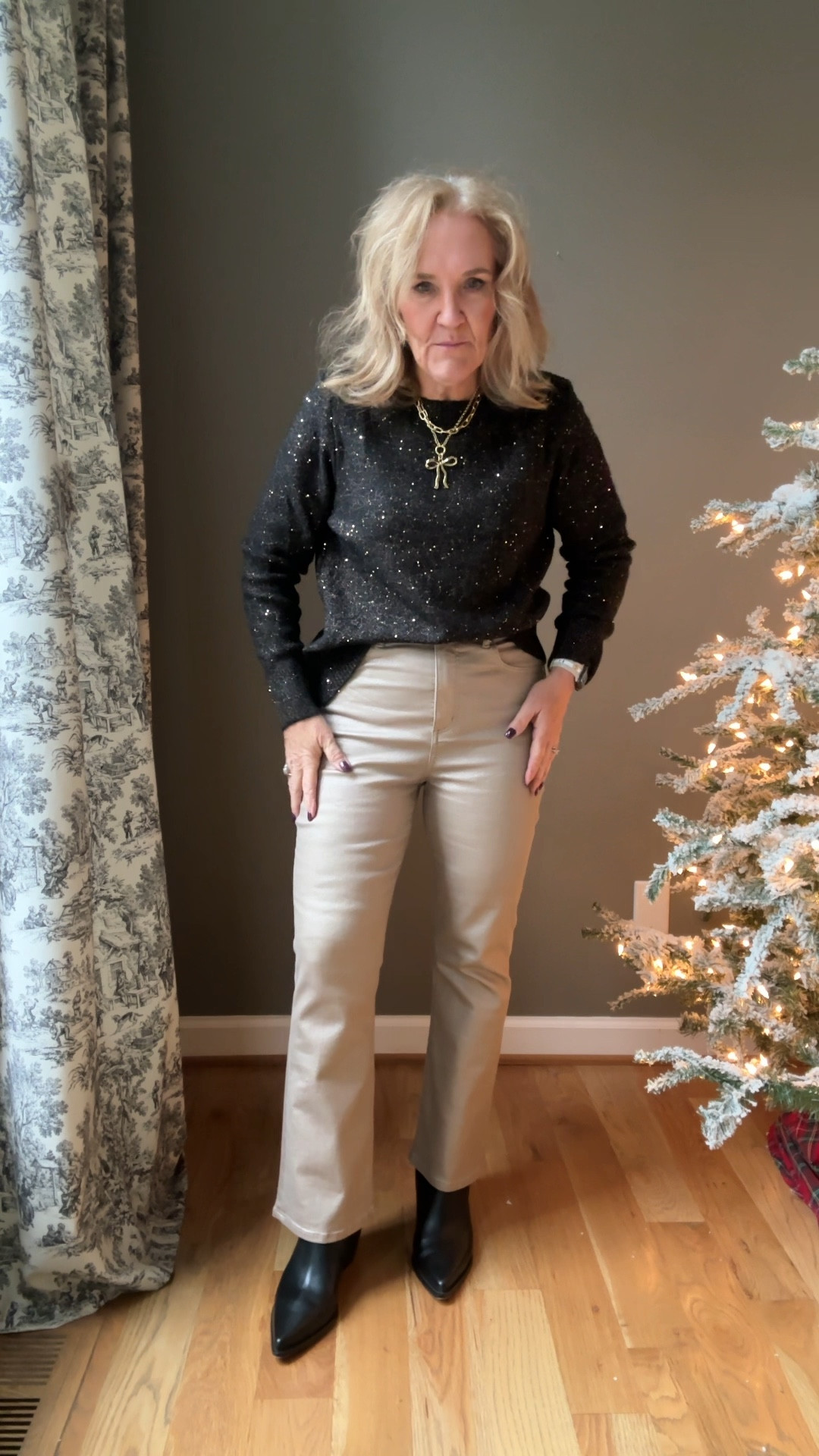 Sweater size medium
Jeans size 29 I think they run a little small, even though I stayed my true size they are more fitted
I had to sign up a full size, I’m usually a 9 1/2 I sized up to a 10 1/2. They are waterproof leather boot and are so sleek looking. I love them. 

The charm is on pre-order get your order in. It will ship in December. Then order this gold chain specifically for charms.  20% off with code.NANETTE20

LOFT jeans, LOFT sale, black sweater, gold and black sweater black booties dolce Vita holiday outfit Christmas outfit NYE 

#LTKSaleAlert #LTKHoliday #LTKOver40