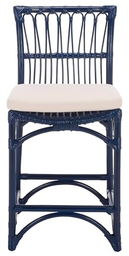 SAFAVIEH Furniture - Zorianna 23.6" Seat Height Counter Stool - White & Navy Blue - Handwoven Rat... | Amazon (US)
