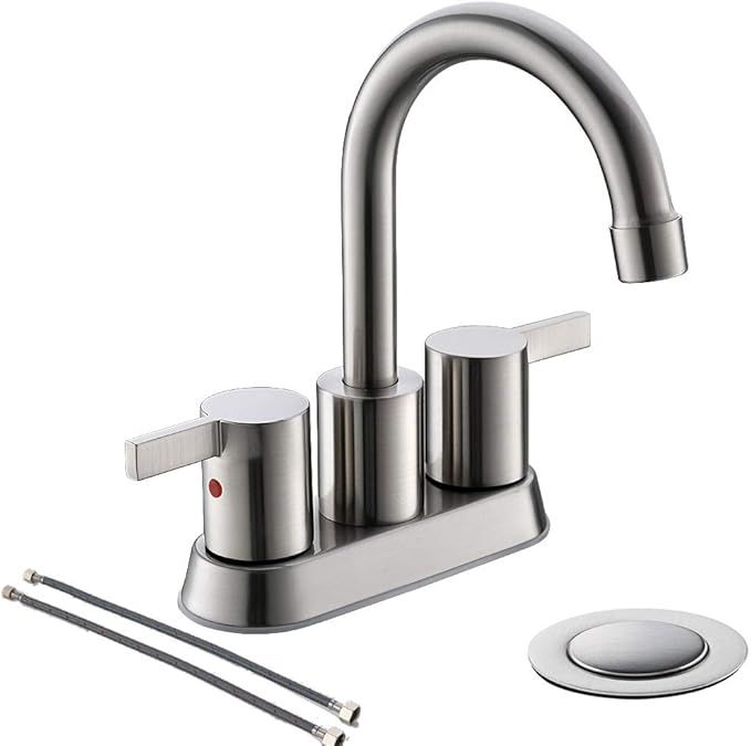 Brushed Nickel 4 Inch 2 Handle Centerset Lead-Free Bathroom Sink Faucet, With Copper Pop Up Drain... | Amazon (US)