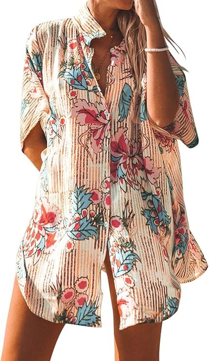CUPSHE Women's Floral Stripe Print Buttoned Short Sleeve Cover Up | Amazon (US)