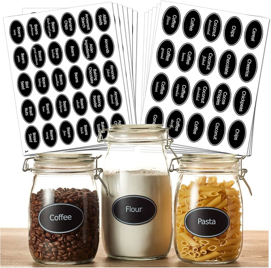 350 Preprinted Pantry Label Set, Heavyweight Vinyl Black Chalkboard, Oval Waterproof Stickers for... | Amazon (US)