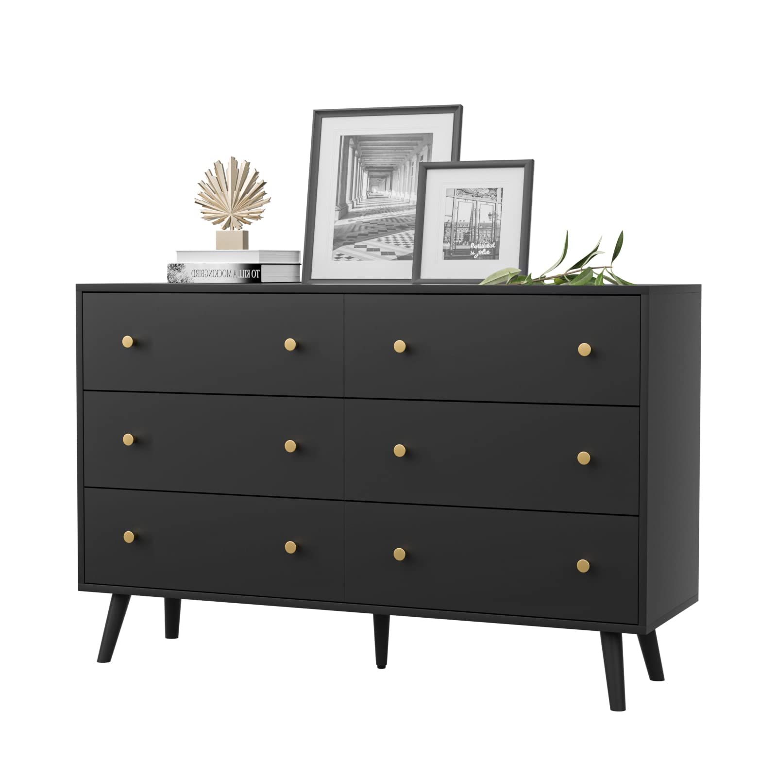 Dresser for Bedroom, Modern Black Dresser with 6 Drawers, Wide Chest of Drawers with Gold Handles | Amazon (US)