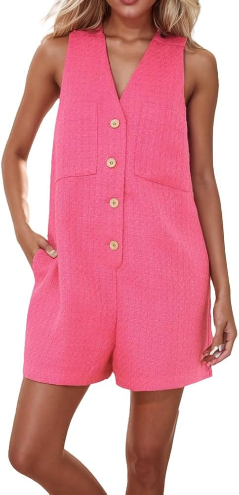 Kedera Women Summer Tweed Jackie Romper Button Down Sleeveless Romper Casual Short Romper Jumpsui... | Amazon (US)