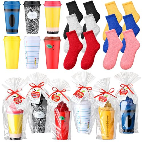 Hushee 6 Sets Teacher Appreciation Gifts Set Thank You Gifts from Student Funny 16 oz Teacher Coffee Cup Fuzzy Socks Apple Card with 20 OPP Bags for Women Men Graduation End of Year | Amazon (US)
