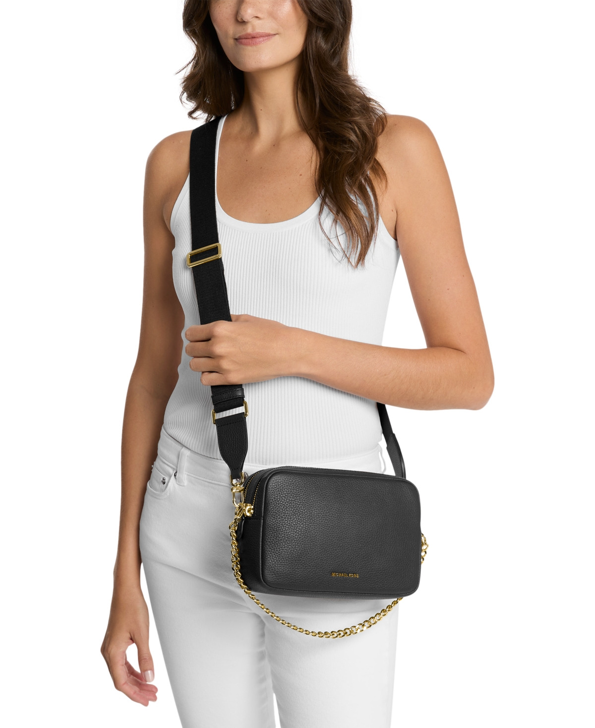 Michael Kors Bryant Medium Leather Double Zip Chain Camera Crossbody - Black/Gold | Macy's