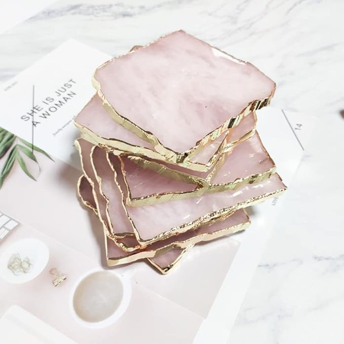 Rose Quartz Decor Coaster, Natural Pink Crystal Coasters Gold Edge Set of 4 (Square 3.5''-4) | Amazon (US)
