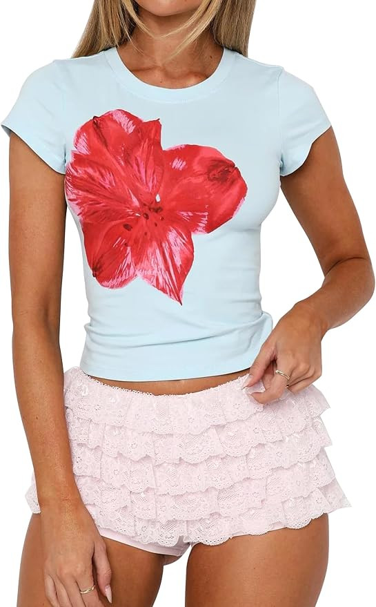 Women's Skinny Graphic Crop Top Flowers Print Short Sleeve Crewneck 80s 90s Vintage Summer Baby T... | Amazon (US)