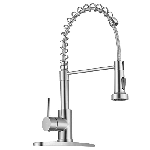 WEWE Kitchen Faucets, Brushed Nickel Kitchen Faucet with Pull Down Sprayer, Industrial Spring Single Handle Stainless Steel Kitchen Sink Faucet with Deck Plate, 1 Hole or 3 Hole for Laundry Rv | Amazon (US)