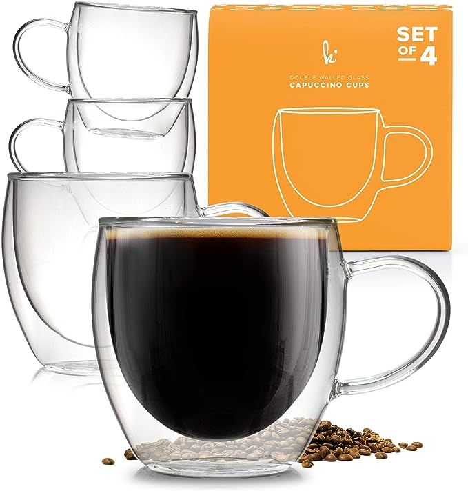 Coffee or Tea Glasses Set of 4-8oz Double Wall Thermal Insulated Cups with Handle | Amazon (US)