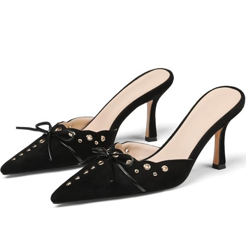 Mules for Women Black Kitten Heels Suede Closed Pointed Toe Kitten Pumps Slip On Bow Shoes Dress Sandals | Amazon (US)