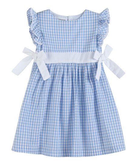 Light Blue Gingham Bow-Accent Angel-Sleeve A-Line Dress - Infant, Toddler & Girls | Zulily