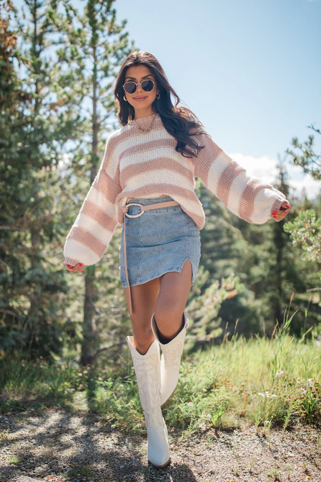 I Always Believe Cream and Tan Textured Stripe Sweater | Pink Lily